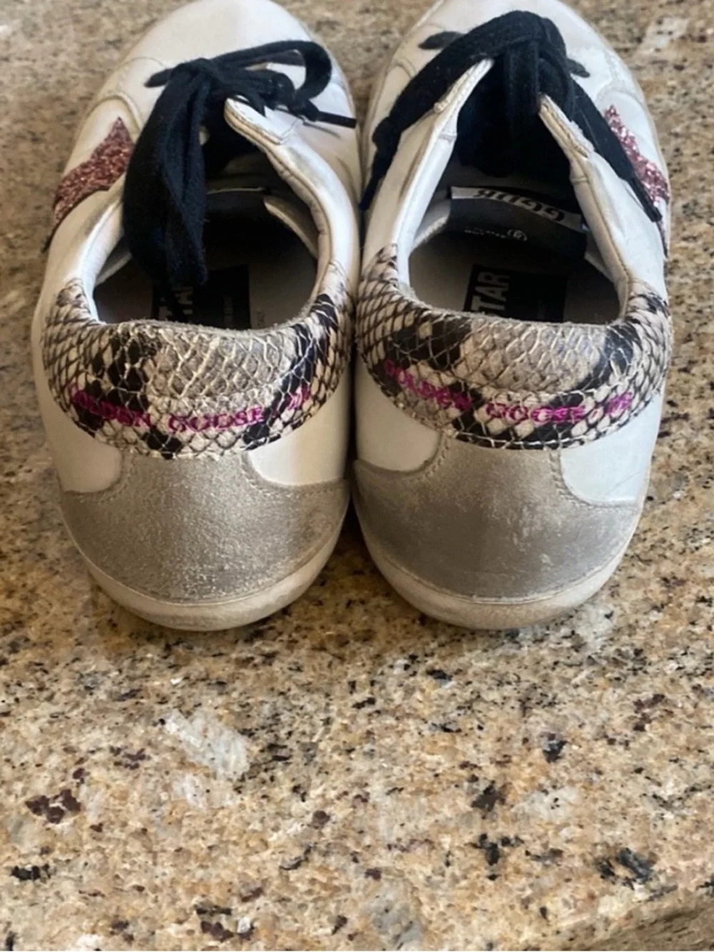 Golden Goose White Sneakers with Pink Glitter Star and Snake-Print Heel - Picture 3 of 5
